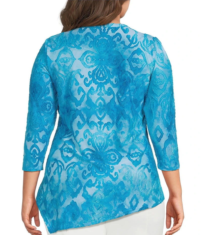 Calessa Plus Size Burnout Tie-Dye Round Neck 3/4 Sleeve Tunic