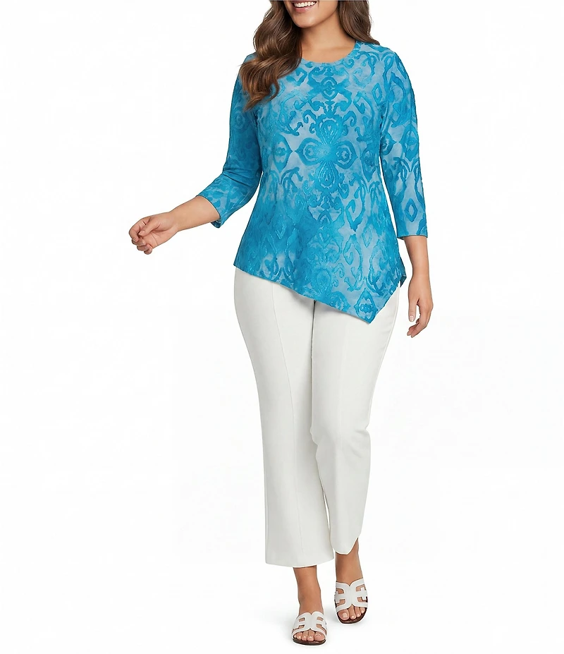 Calessa Plus Size Burnout Tie-Dye Round Neck 3/4 Sleeve Tunic