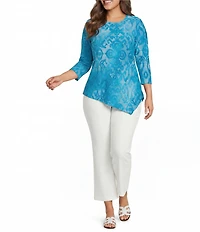 Calessa Plus Size Burnout Tie-Dye Round Neck 3/4 Sleeve Tunic