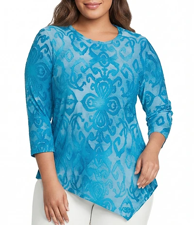 Calessa Plus Size Burnout Tie-Dye Round Neck 3/4 Sleeve Tunic