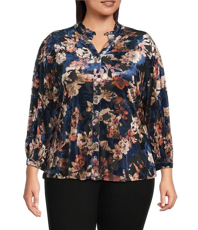 Calessa Plus Size Burnout Velvet Knit Floral Split V-Neck Long Sleeve Button-Front Tunic
