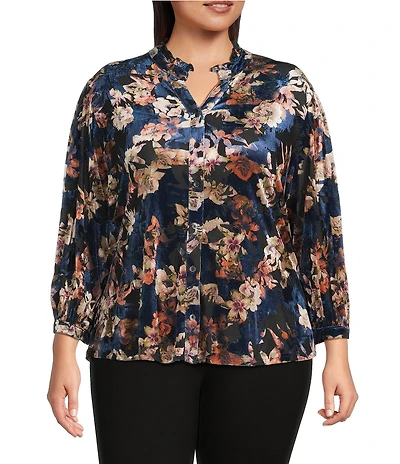 Calessa Plus Size Burnout Velvet Knit Floral Split V-Neck Long Sleeve Button-Front Tunic