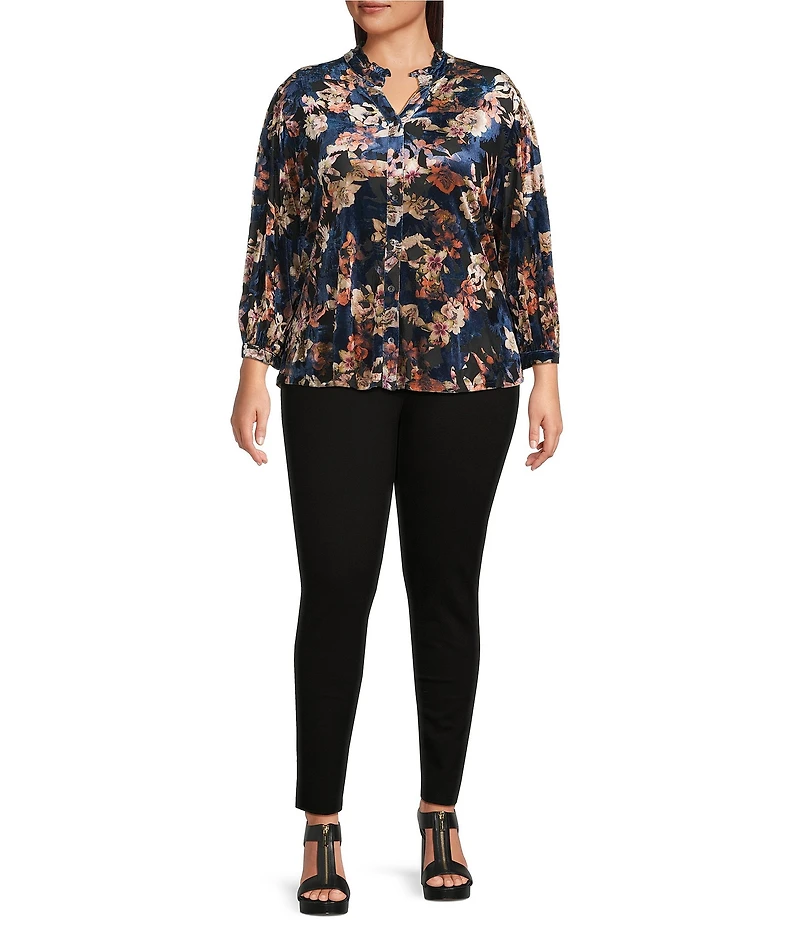 Calessa Plus Size Burnout Velvet Knit Floral Split V-Neck Long Sleeve Button-Front Tunic