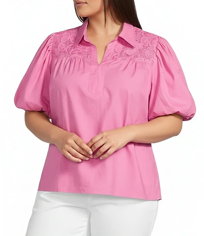 Calessa Plus Size Collared Elbow Balloon Sleeve Lace Yoke Tunic