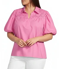 Calessa Plus Size Collared Elbow Balloon Sleeve Lace Yoke Tunic
