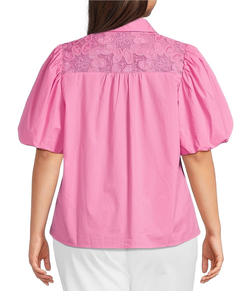 Calessa Plus Size Collared Elbow Balloon Sleeve Lace Yoke Tunic