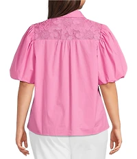 Calessa Plus Size Collared Elbow Balloon Sleeve Lace Yoke Tunic