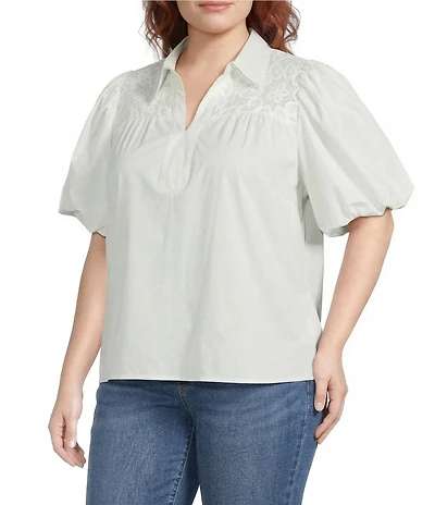 Calessa Plus Size Collared Split V-Neck Lace Inset Yoke Short Puff Balloon Sleeve Top