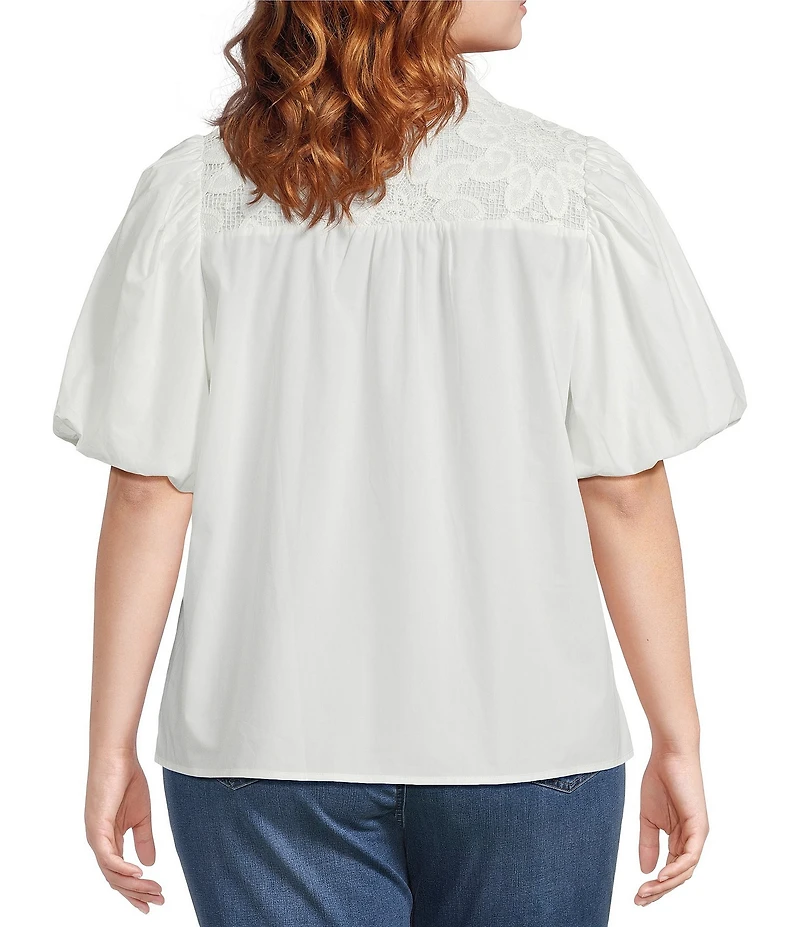 Calessa Plus Size Collared Split V-Neck Lace Inset Yoke Short Puff Balloon Sleeve Top