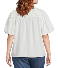 Calessa Plus Size Collared Split V-Neck Lace Inset Yoke Short Puff Balloon Sleeve Top