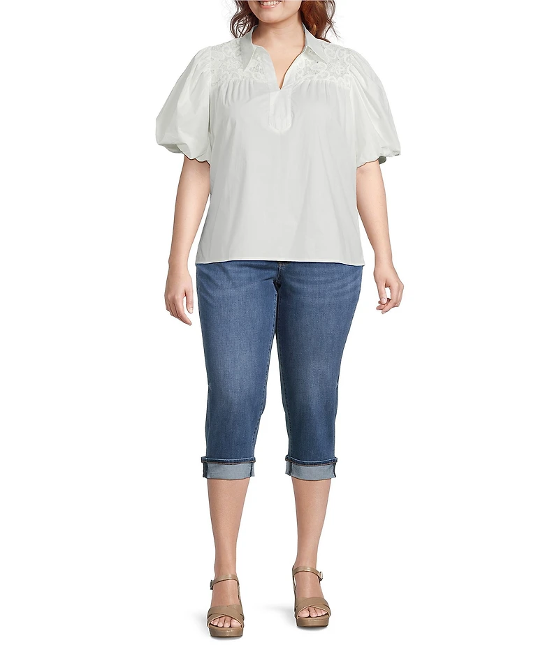 Calessa Plus Size Collared Split V-Neck Lace Inset Yoke Short Puff Balloon Sleeve Top