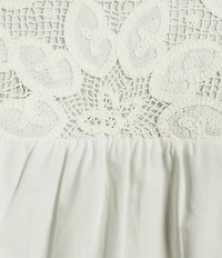 Calessa Plus Size Collared Split V-Neck Lace Inset Yoke Short Puff Balloon Sleeve Top