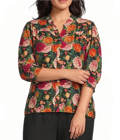 Calessa Plus Size Coordinating Antique Garden Floral Split V-Neck 3/4 Sleeve Button Front Tunic