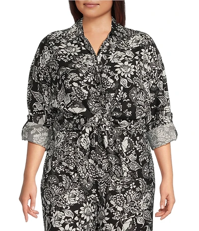 Calessa Plus Size Coordinating Garden Floral Point Collar Long Sleeve Tie-Front Blouse