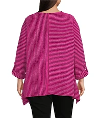 Calessa Plus Size Textured Knit Stripe Round Neck Short Sleeve Asymmetric Tunic