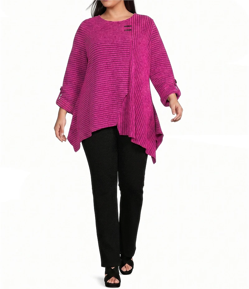 Calessa Plus Size Textured Knit Stripe Round Neck Short Sleeve Asymmetric Tunic
