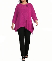 Calessa Plus Size Textured Knit Stripe Round Neck Short Sleeve Asymmetric Tunic