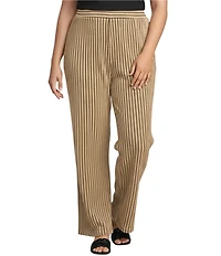 Calessa Plus Size Coordinating Textured Knit Stripe Wide Leg Pull-On Ankle Pants
