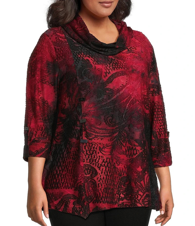 Calessa Plus Size Cowl Neck 3/4 Sleeve Burnout Tie Dye Knit Tunic