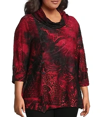 Calessa Plus Size Cowl Neck 3/4 Sleeve Burnout Tie Dye Knit Tunic