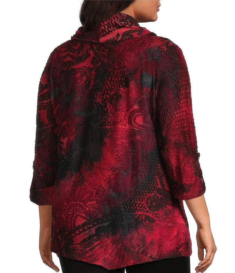 Calessa Plus Size Cowl Neck 3/4 Sleeve Burnout Tie Dye Knit Tunic