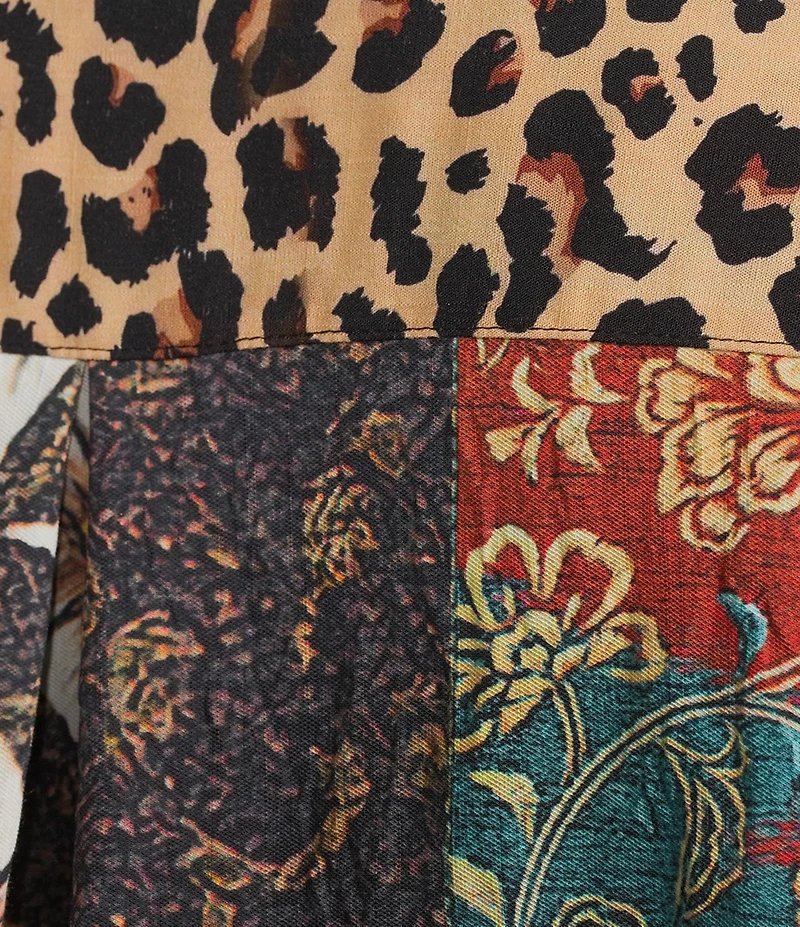 Calessa Plus Size Crinkle Burnout Patchwork Point Collar Long Roll-Tab Sleeve Button Front Tunic