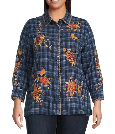 Calessa Plus Size Crinkle Embroidered Floral Point Collar Long Sleeve Button Front Shirt
