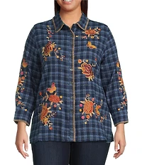 Calessa Plus Size Crinkle Embroidered Floral Point Collar Long Sleeve Button Front Shirt