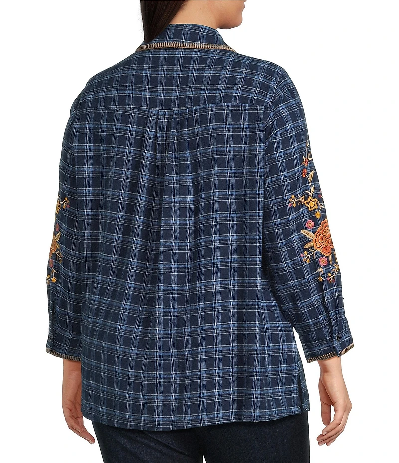 Calessa Plus Size Crinkle Embroidered Floral Point Collar Long Sleeve Button Front Shirt
