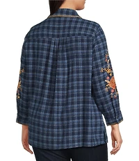 Calessa Plus Size Crinkle Embroidered Floral Point Collar Long Sleeve Button Front Shirt