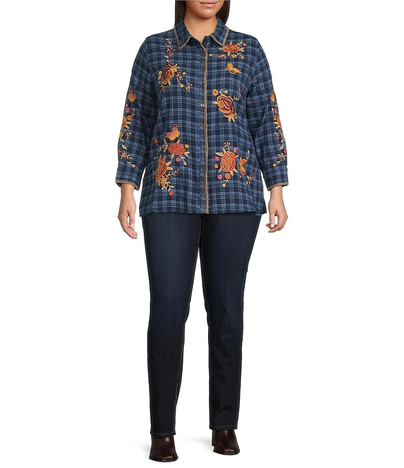 Calessa Plus Size Crinkle Embroidered Floral Point Collar Long Sleeve Button Front Shirt
