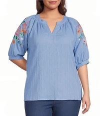 Calessa Plus Size Crinkle Split V-Neck Embroidered Puff Sleeve Tunic