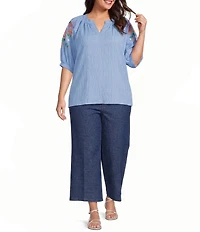Calessa Plus Size Crinkle Split V-Neck Embroidered Puff Sleeve Tunic
