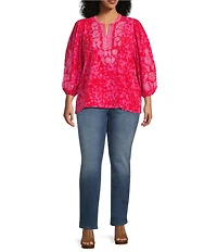 Calessa Plus Size Smooth Embroidered Abstract Animal Print Split Round Neck Bracelet Sleeve Tunic