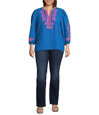 Calessa Plus Size Crinkle Textured Embroidered Patchwork Round Split V-Neck Bracelet Sleeve Tunic