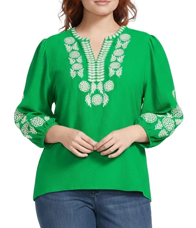 Calessa Plus Size Crinkle Textured Embroidered Round Split V-Neck Bracelet Sleeve Tunic