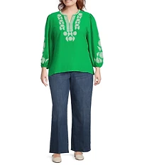 Calessa Plus Size Crinkle Textured Embroidered Round Split V-Neck Bracelet Sleeve Tunic