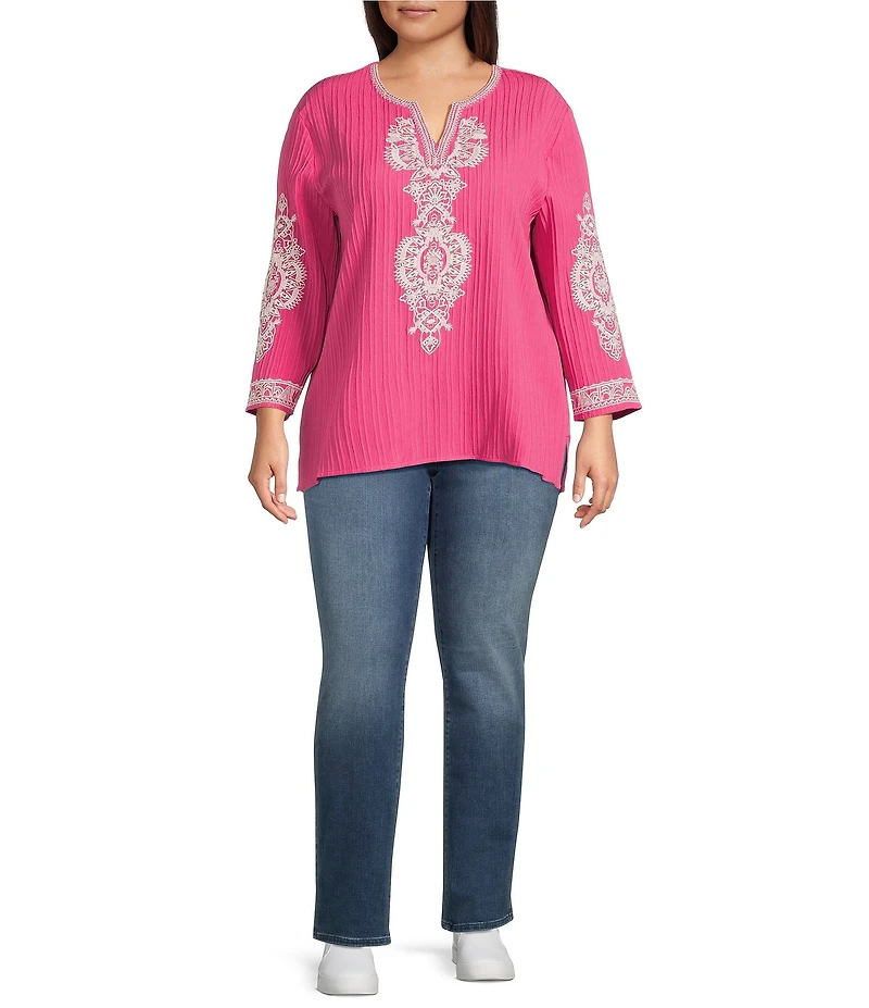 Calessa Plus Size Crinkle Textured Embroidered Split V-Neck Bracelet Sleeve Tunic