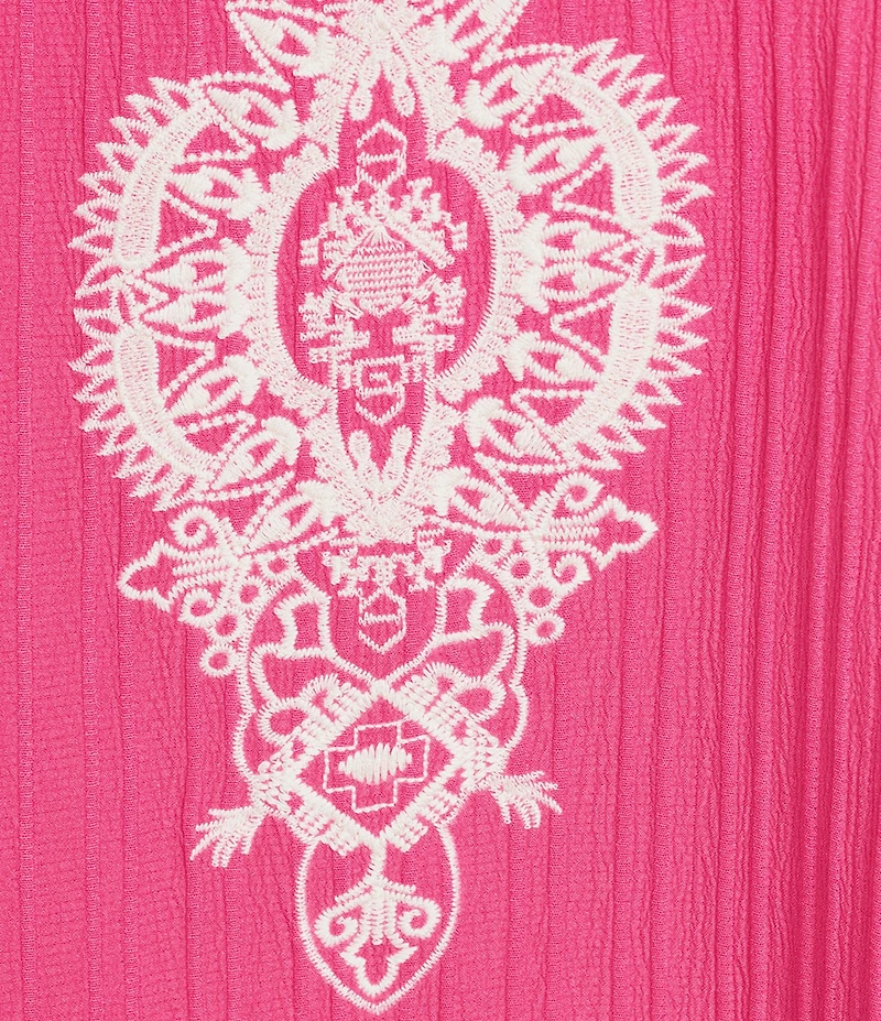 Calessa Plus Size Crinkle Textured Embroidered Split V-Neck Bracelet Sleeve Tunic