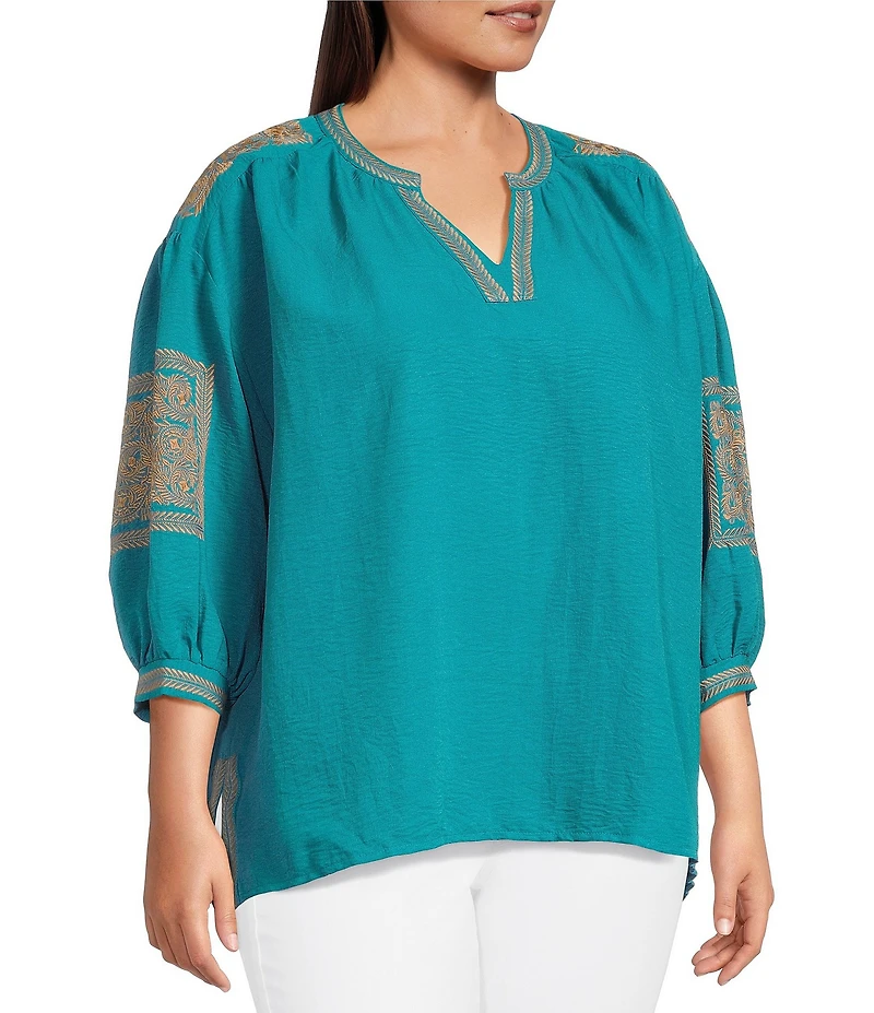 Calessa Plus Size Crinkle Textured Foulard Embroidered Split V-Neck Long Sleeve Tunic