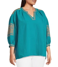 Calessa Plus Size Crinkle Textured Foulard Embroidered Split V-Neck Long Sleeve Tunic