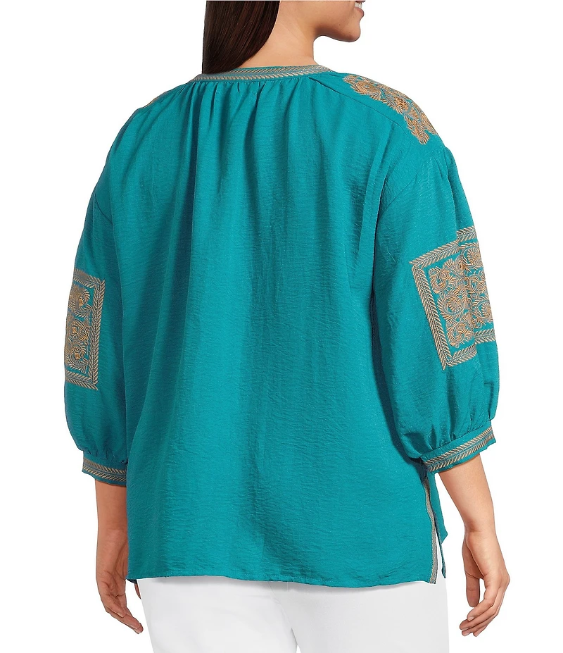 Calessa Plus Size Crinkle Textured Foulard Embroidered Split V-Neck Long Sleeve Tunic