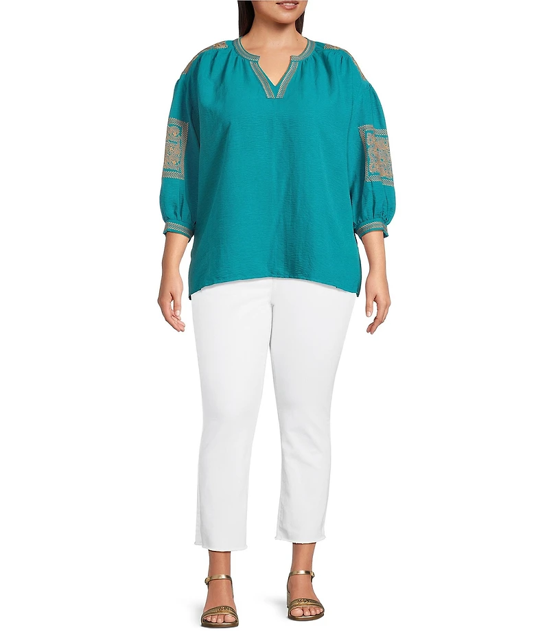 Calessa Plus Size Crinkle Textured Foulard Embroidered Split V-Neck Long Sleeve Tunic