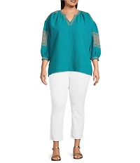 Calessa Plus Size Crinkle Textured Foulard Embroidered Split V-Neck Long Sleeve Tunic