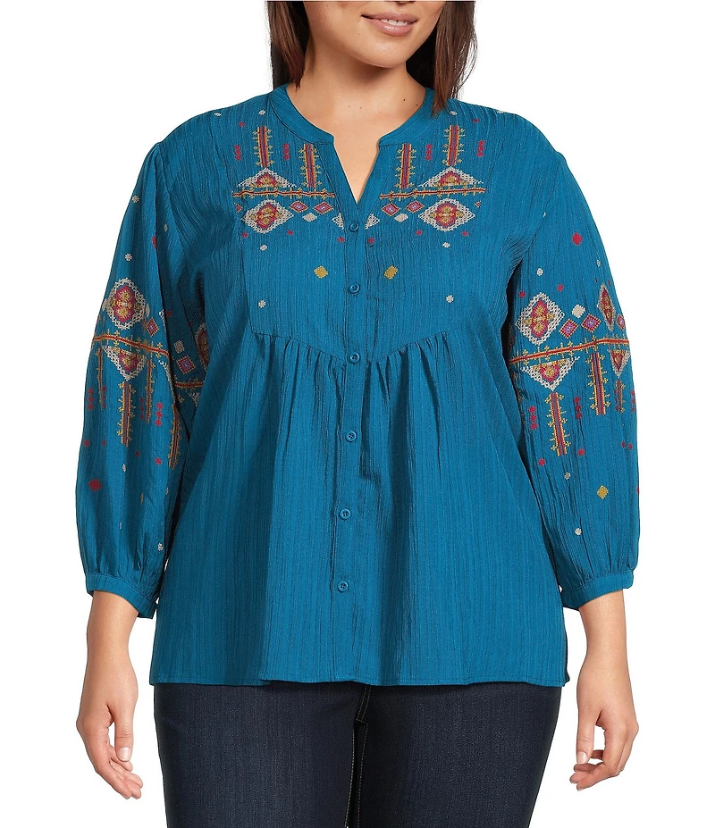 Calessa Plus Size Crinkle Textured Ikat Embroidered Split V-Neck Wrist Sleeve Button Front Tunic