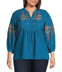 Calessa Plus Size Crinkle Textured Ikat Embroidered Split V-Neck Wrist Sleeve Button Front Tunic