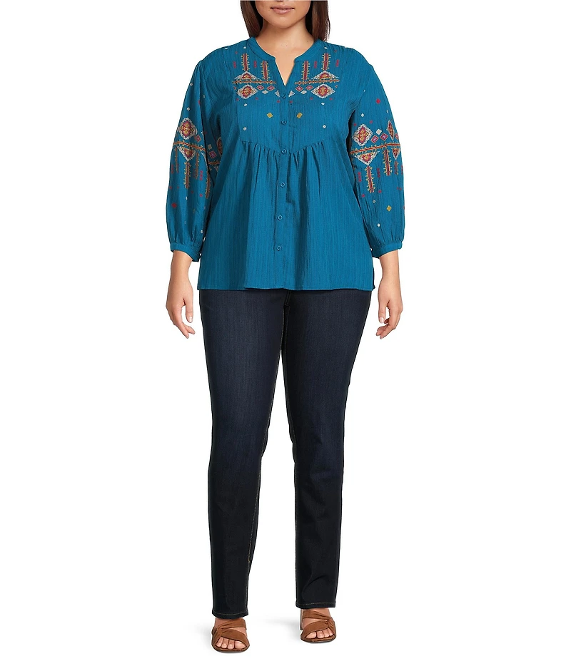 Calessa Plus Size Crinkle Textured Ikat Embroidered Split V-Neck Wrist Sleeve Button Front Tunic