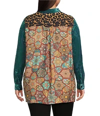 Calessa Plus Size Crinkle Woven Patchwork Point Collar Long Sleeve Button Front Shirt