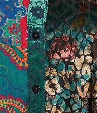 Calessa Plus Size Crinkle Woven Patchwork Point Collar Long Sleeve Button Front Shirt