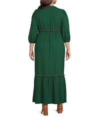 Calessa Plus Size Embroidered Split V-Neck 3/4 Balloon Sleeve Empire Waist Midi Dress